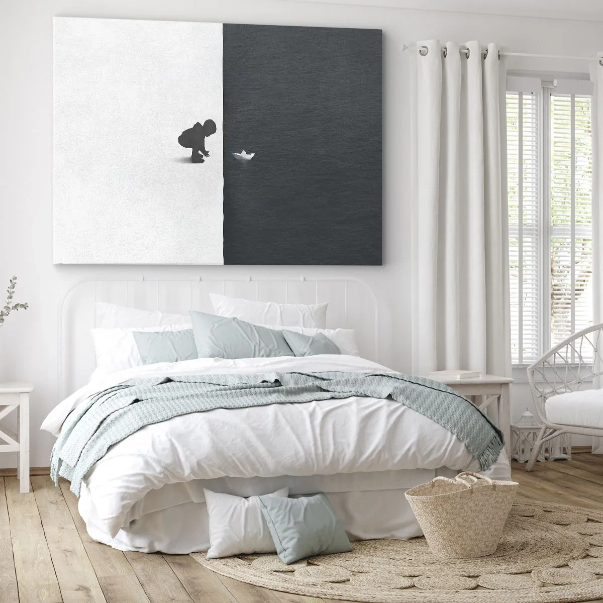 Impression sur toile - Image sur toile - Une figure d'enfant avec un bateau en papier sur un fond de moitiés contrastées - 100x70cm - Grande expédition - Décoration murale moderne pour le salon et la chambre ARTTOR