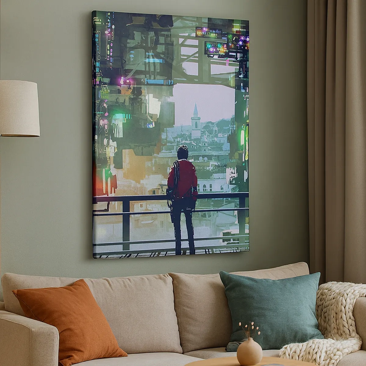 Impression sur toile - Image sur toile - Une silhouette dans une ville futuriste avec des néons - 50x70cm - Deux mondes - Décoration murale moderne pour le salon et la chambre ARTTOR