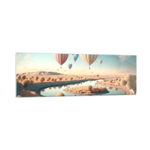 Impression sur verre - Image sur verre - Des ballons en forme de cœur flottant au-dessus du paysage - 160x50cm - L'amour te permet de t'élever - Décoration murale moderne pour le salon et la chambre ARTTOR