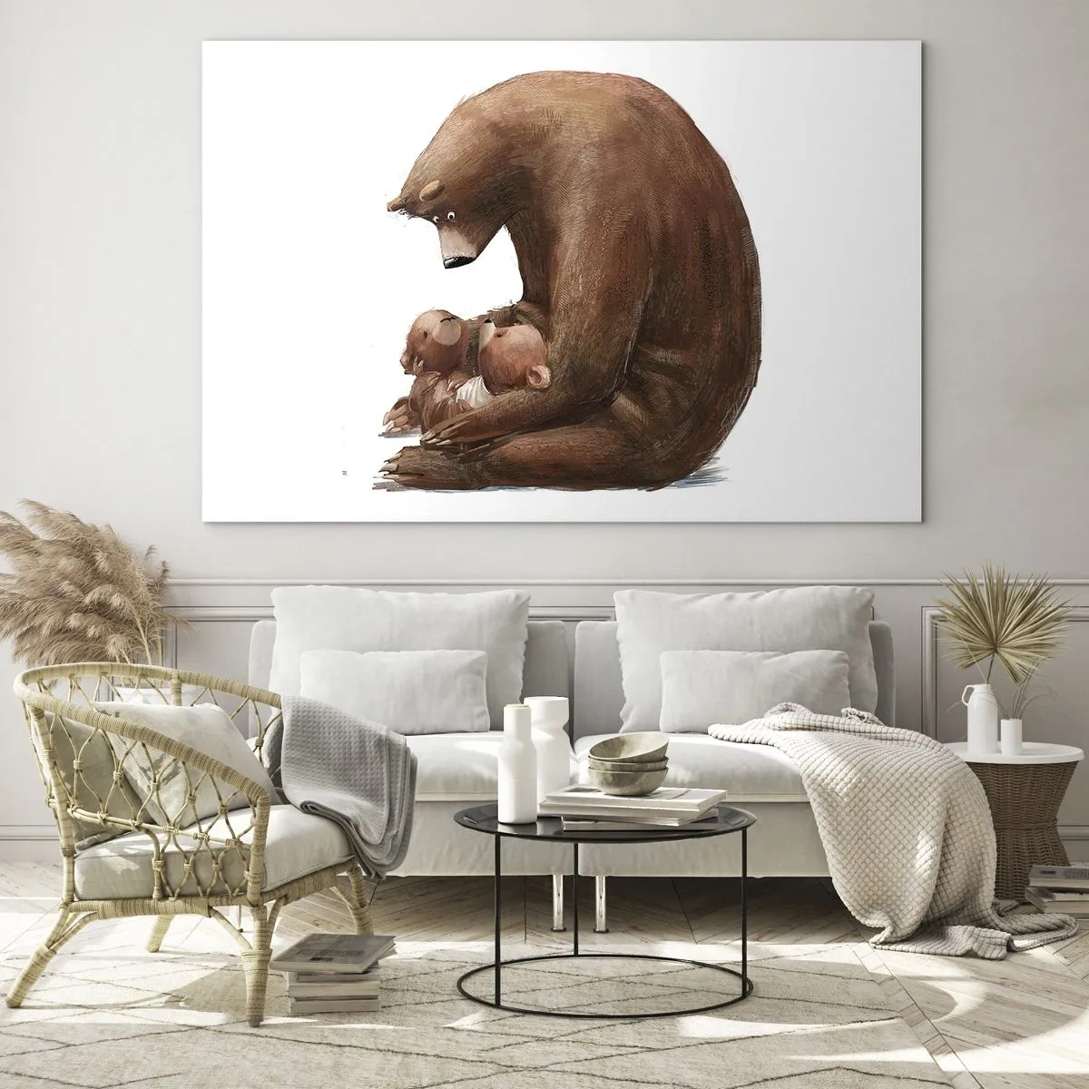 Impression sur verre - Image sur verre - Une mère ourse serrant dans ses bras deux petits oursons - 70x50cm - Faites de beaux rêves les enfants - Décoration murale moderne pour le salon et la chambre ARTTOR