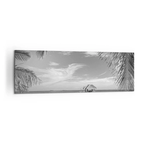 Impression sur toile - Image sur toile - Plage noire et blanche avec jetée et palmiers sur une côte tropicale - 160x50cm - Souvenirs ou rêve? - Décoration murale moderne pour le salon et la chambre ARTTOR