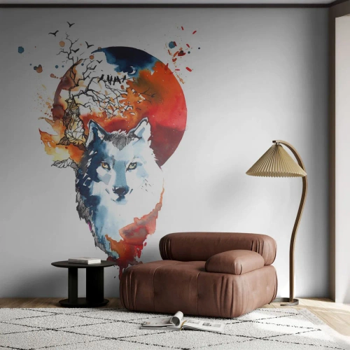 Papier Peint Photo Premium Sand - Un loup contre la lune dans un style aquarelle - 100x70cm - Nez à nez avec la nuit - Décoration murale moderne pour le salon et la chambre ARTTOR