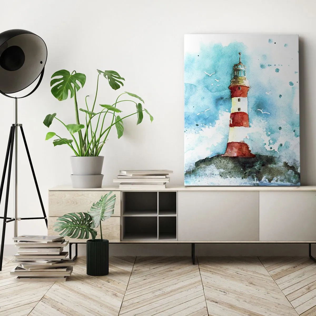 Impression sur toile - Image sur toile - Un phare dans un décor aquarelle sur fond bleu - 50x70cm - Unité des éléments - Décoration murale moderne pour le salon et la chambre ARTTOR