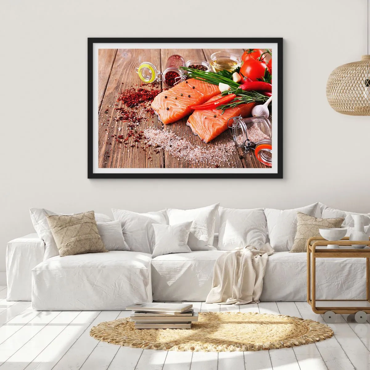 Affiche dans un cadre noir - Poster - Filets de saumon aux épices sur fond de bois - 70x50cm - Aventure norvégienne dans la cuisine - Décoration murale moderne pour le salon et la chambre ARTTOR