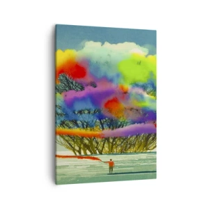 Impression sur toile - Image sur toile - Une silhouette avec de la fumée colorée à l'arrière-plan d'un arbre dans la nature - 50x70cm - Donner vie à ce monde - Décoration murale moderne pour le salon et la chambre ARTTOR