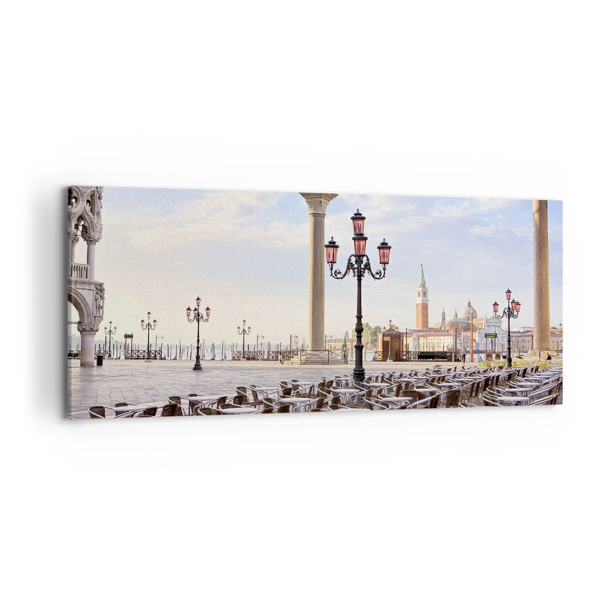 Impression sur toile - Image sur toile - Venise, vue de la place avec des colonnes et des tables de café - 120x50cm - Nous vous invitons, tout est prêt - Décoration murale moderne pour le salon et la chambre ARTTOR