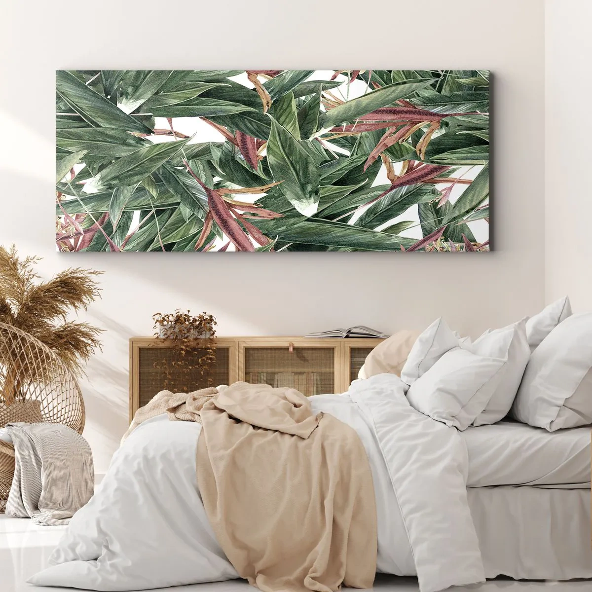 Impression sur toile - Image sur toile - Un motif de feuille décoratif dans des tons de vert et de bordeaux sur un fond clair - 160x50cm - Arbuste émeraude-lilas - Décoration murale moderne pour le salon et la chambre ARTTOR