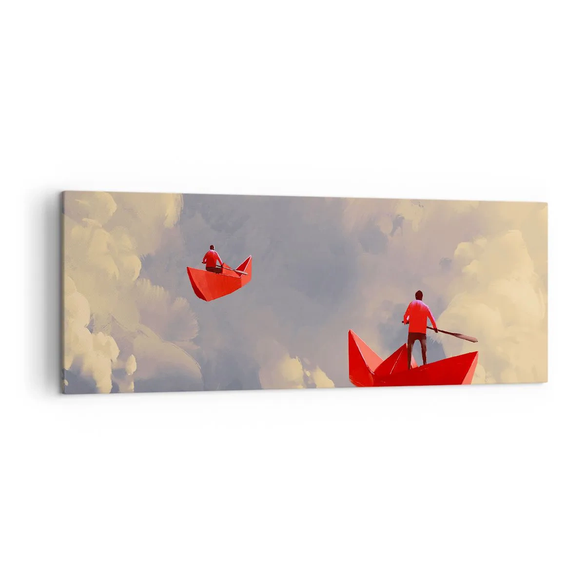 Impression sur toile - Image sur toile - Bateaux en papier rouges flottant dans les nuages - 140x50cm - Expédition des Rêveurs - Décoration murale moderne pour le salon et la chambre ARTTOR