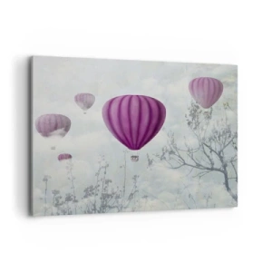 Impression sur toile - Image sur toile - Des ballons violets flottant au-dessus des arbres dans les nuages - 100x70cm - Comme des navires dans le ciel - Décoration murale moderne pour le salon et la chambre ARTTOR