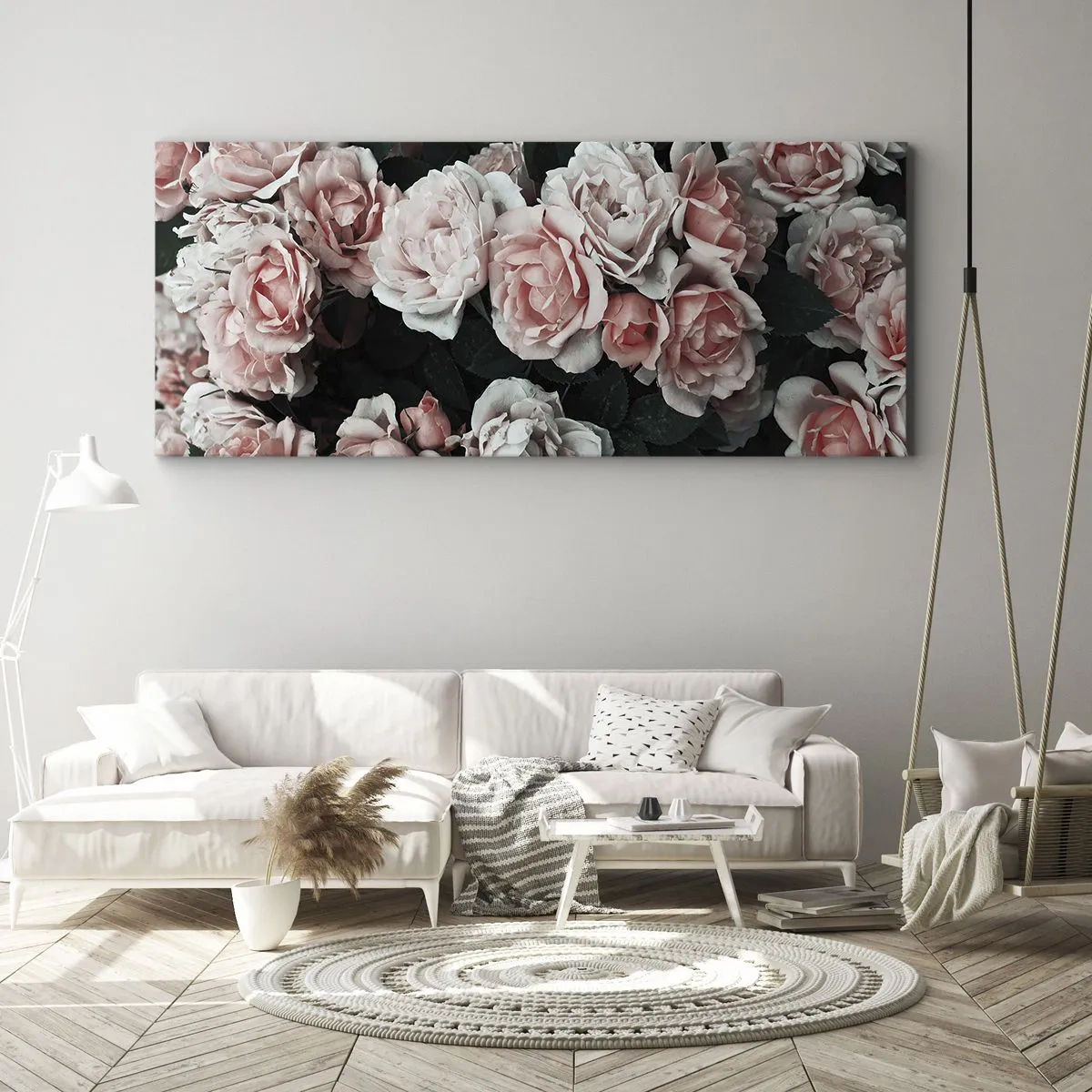 Impression sur toile - Image sur toile - Roses roses sur fond sombre dans une composition subtile - 120x50cm - Ensemble de rose - Décoration murale moderne pour le salon et la chambre ARTTOR