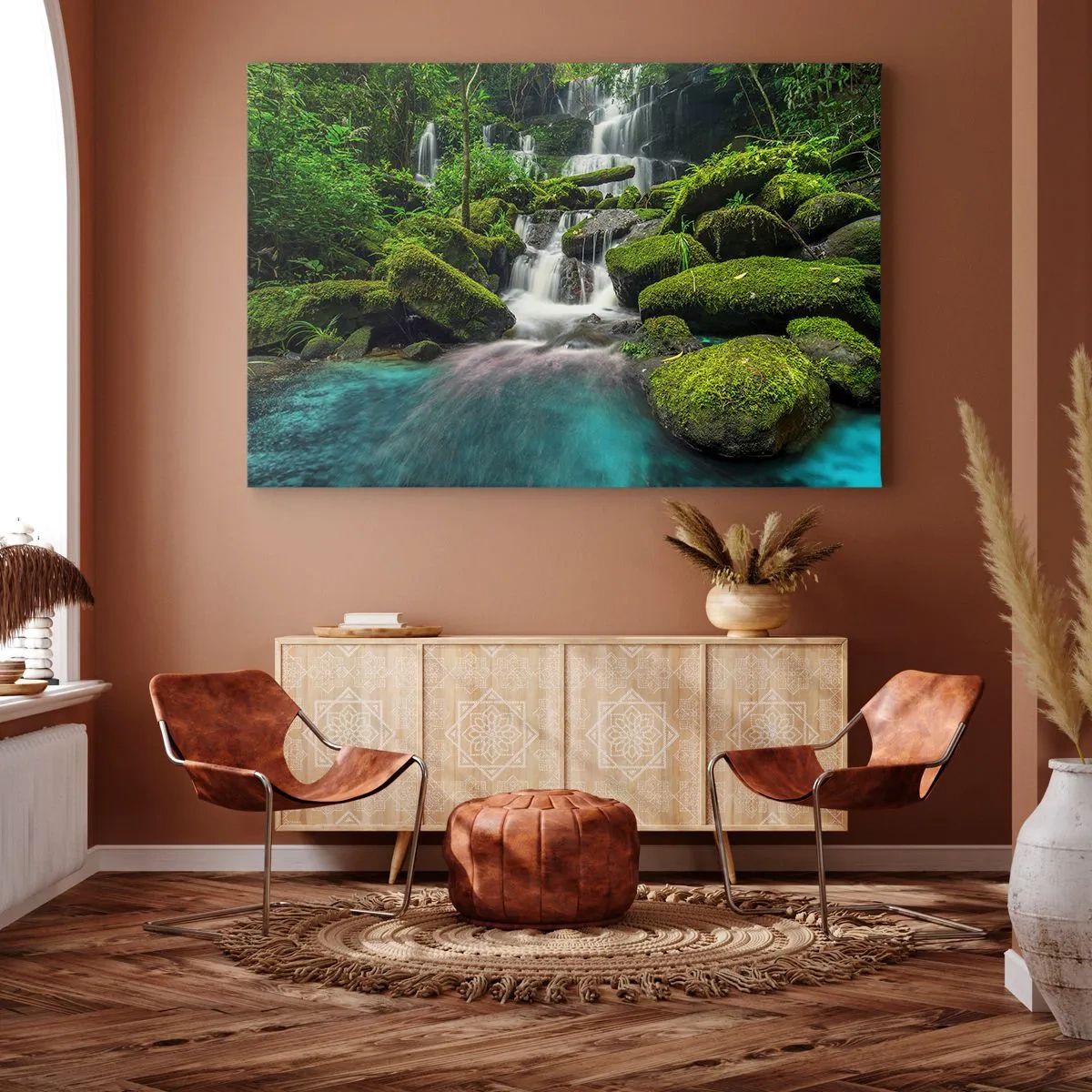 Impression sur toile - Image sur toile - Une cascade tropicale entourée de verdure et d'eau turquoise - 70x50cm - Turquoise, saphirs et argent liquide - Décoration murale moderne pour le salon et la chambre ARTTOR