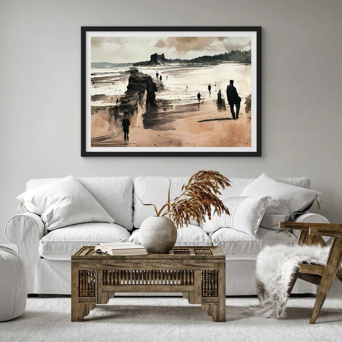 Affiche dans un cadre noir - Poster - Promeneurs sur la plage dans un paysage paisible - 70x50cm - Invoqué - Décoration murale moderne pour le salon et la chambre ARTTOR