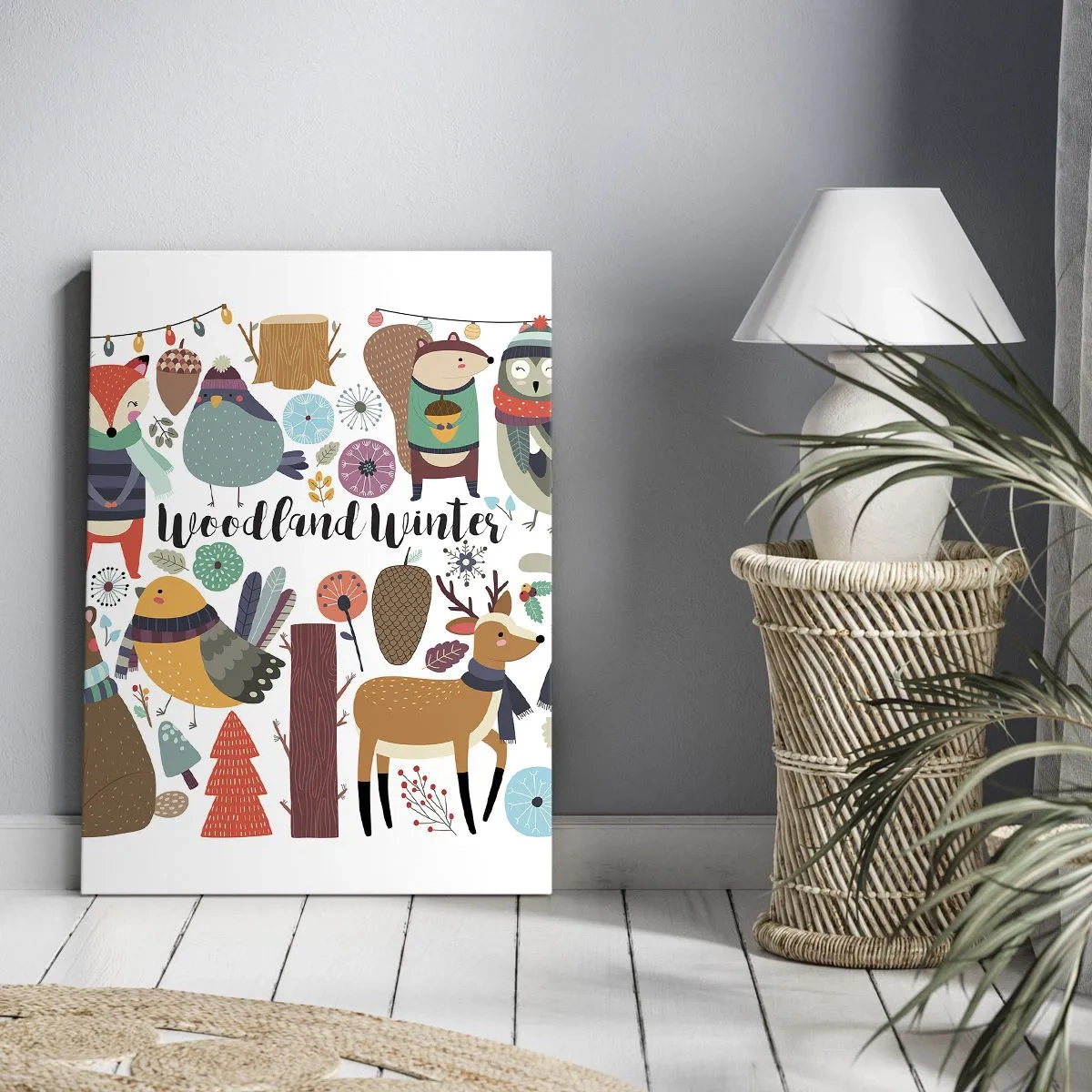 Impression sur toile - Image sur toile - Animaux de la forêt d'hiver dans des graphismes colorés - 80x120cm - Un monde de conte de fées en forêt - Décoration murale moderne pour le salon et la chambre ARTTOR