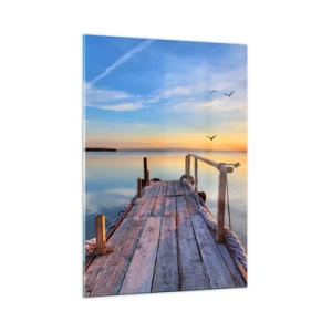 Impression sur verre - Image sur verre - Jetée en bois sur le lac au coucher du soleil - 50x70cm - Marcher droit vers le soleil - Décoration murale moderne pour le salon et la chambre ARTTOR