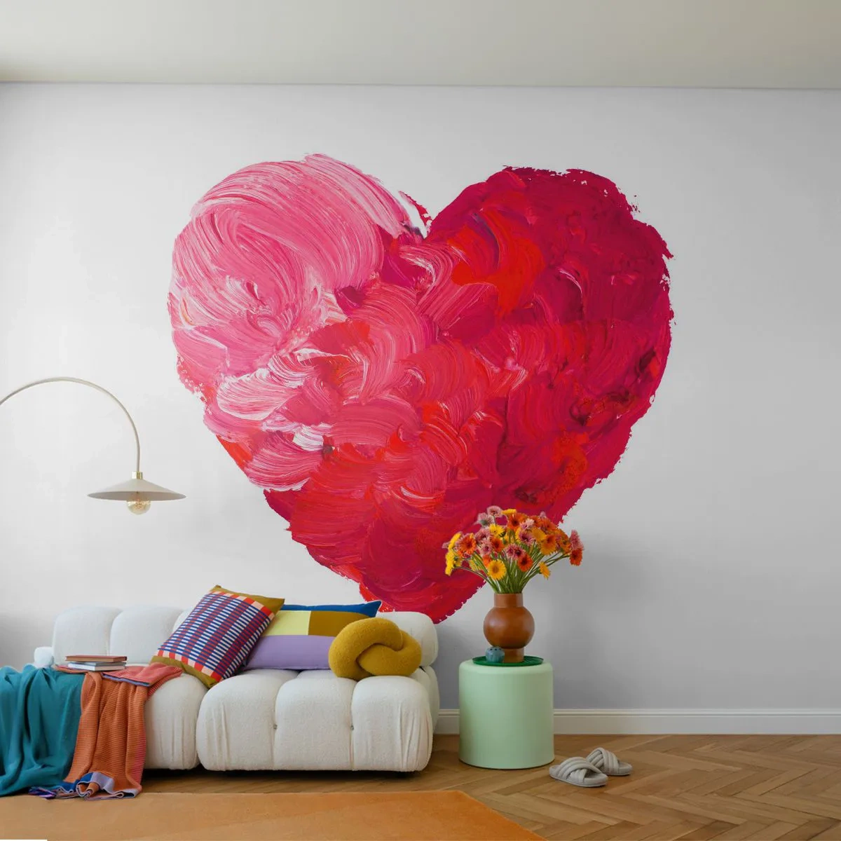 Papier Peint Photo Premium Sand - Un cœur peint dans des tons de rouge et de rose sur fond blanc - 100x70cm - All you need is love - Décoration murale moderne pour le salon et la chambre ARTTOR
