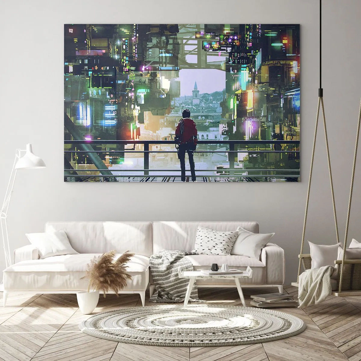 Impression sur verre - Image sur verre - Une figure sur fond de ville futuriste avec vue sur la vieille ville - 100x70cm - Deux mondes - Décoration murale moderne pour le salon et la chambre ARTTOR