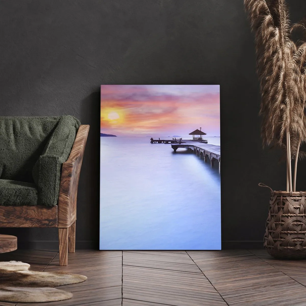 Impression sur toile - Image sur toile - Jetée en bois donnant sur l'eau au coucher du soleil - 80x120cm - Une mer de calme jusqu'à l'horizon - Décoration murale moderne pour le salon et la chambre ARTTOR
