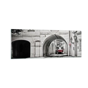 Impression sur verre - Image sur verre - Un tramway noir et blanc dans une rue historique de la ville - 140x50cm - Dans le labyrinthe de la ville - Décoration murale moderne pour le salon et la chambre ARTTOR