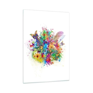 Impression sur verre - Image sur verre - Abstraction colorée avec des papillons, des fleurs et des plumes sur fond blanc - 50x70cm - Un bouquet de joie - Décoration murale moderne pour le salon et la chambre ARTTOR