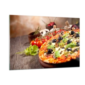 Impression sur verre - Image sur verre - Pizza aux olives, champignons et herbes fraîches sur une table en bois - 120x80cm - Des ingrédients telluriques - Décoration murale moderne pour le salon et la chambre ARTTOR
