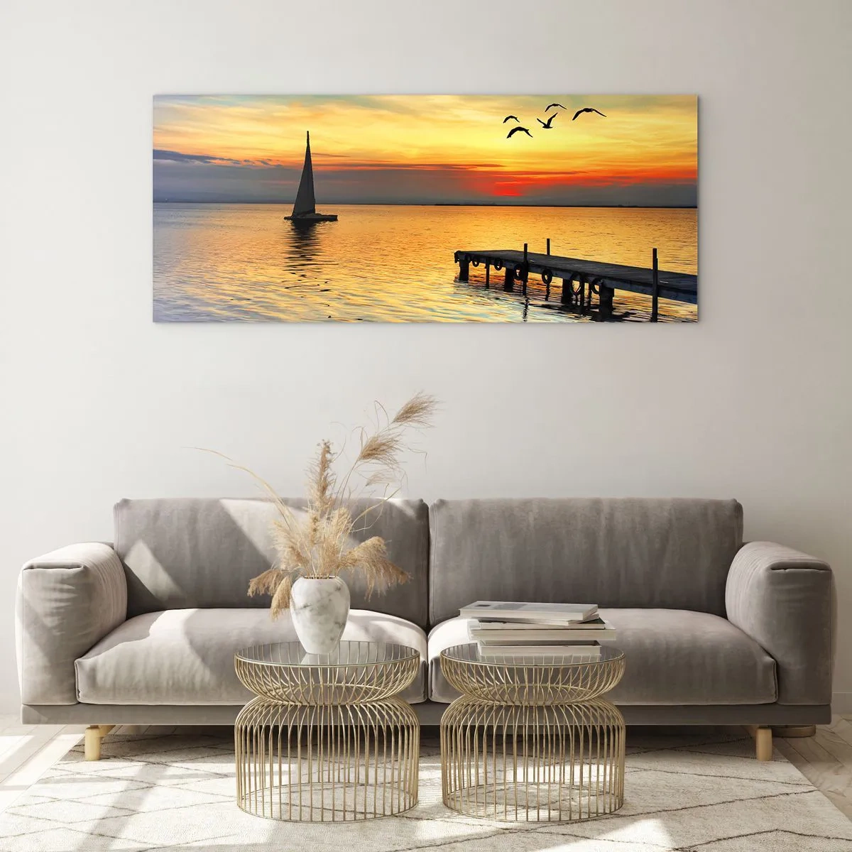 Impression sur verre - Image sur verre - Coucher de soleil avec un voilier et une jetée sur un lac calme - 120x50cm - Le soir revient - Décoration murale moderne pour le salon et la chambre ARTTOR
