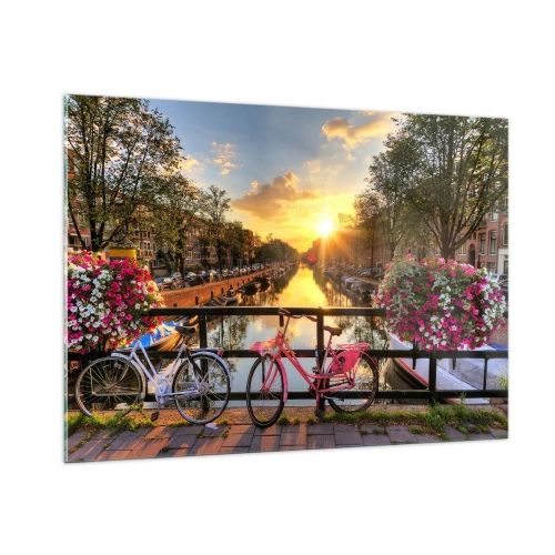 Impression sur verre - Image sur verre - Coucher de soleil sur le canal avec des vélos en arrière-plan - 100x70cm - Matin de printemps à Amsterdam - Décoration murale moderne pour le salon et la chambre ARTTOR