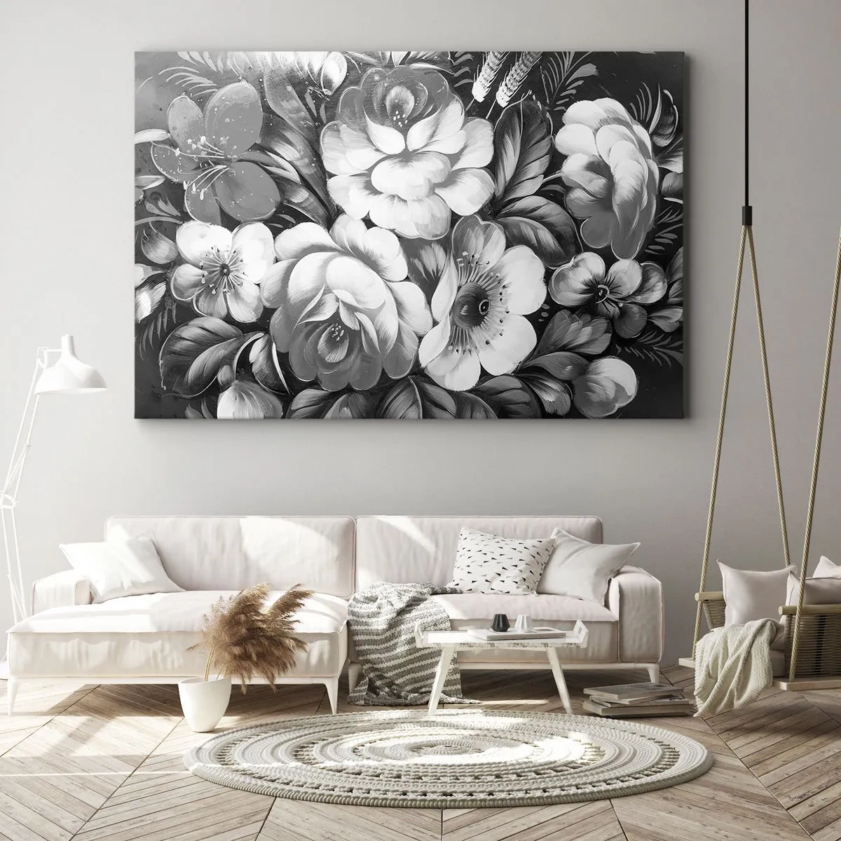 Impression sur toile - Image sur toile - Fleurs noires et blanches dans une composition classique et élégante - 70x50cm - Belle même en gris - Décoration murale moderne pour le salon et la chambre ARTTOR