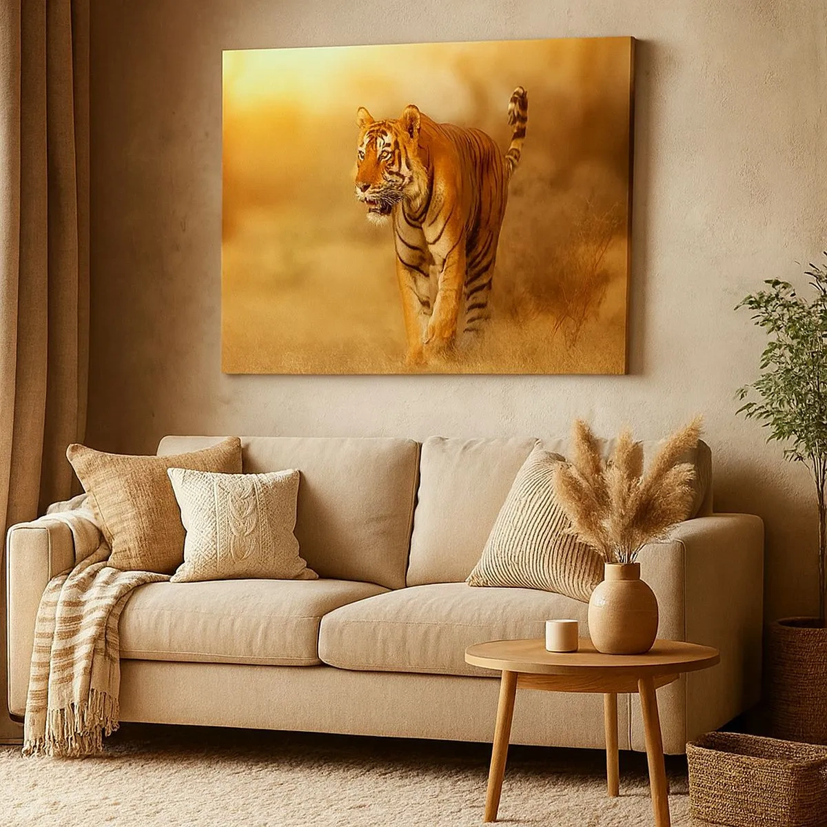 Impression sur toile - Image sur toile - Un tigre marchant dans la savane aux couleurs chaudes - 70x50cm - Avant l'attaque - Décoration murale moderne pour le salon et la chambre ARTTOR