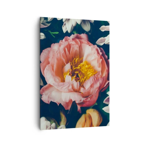 Impression sur toile - Image sur toile - Composition florale avec pivoines et chrysanthèmes sur fond sombre - 70x100cm - Splendeur baroque - Décoration murale moderne pour le salon et la chambre ARTTOR