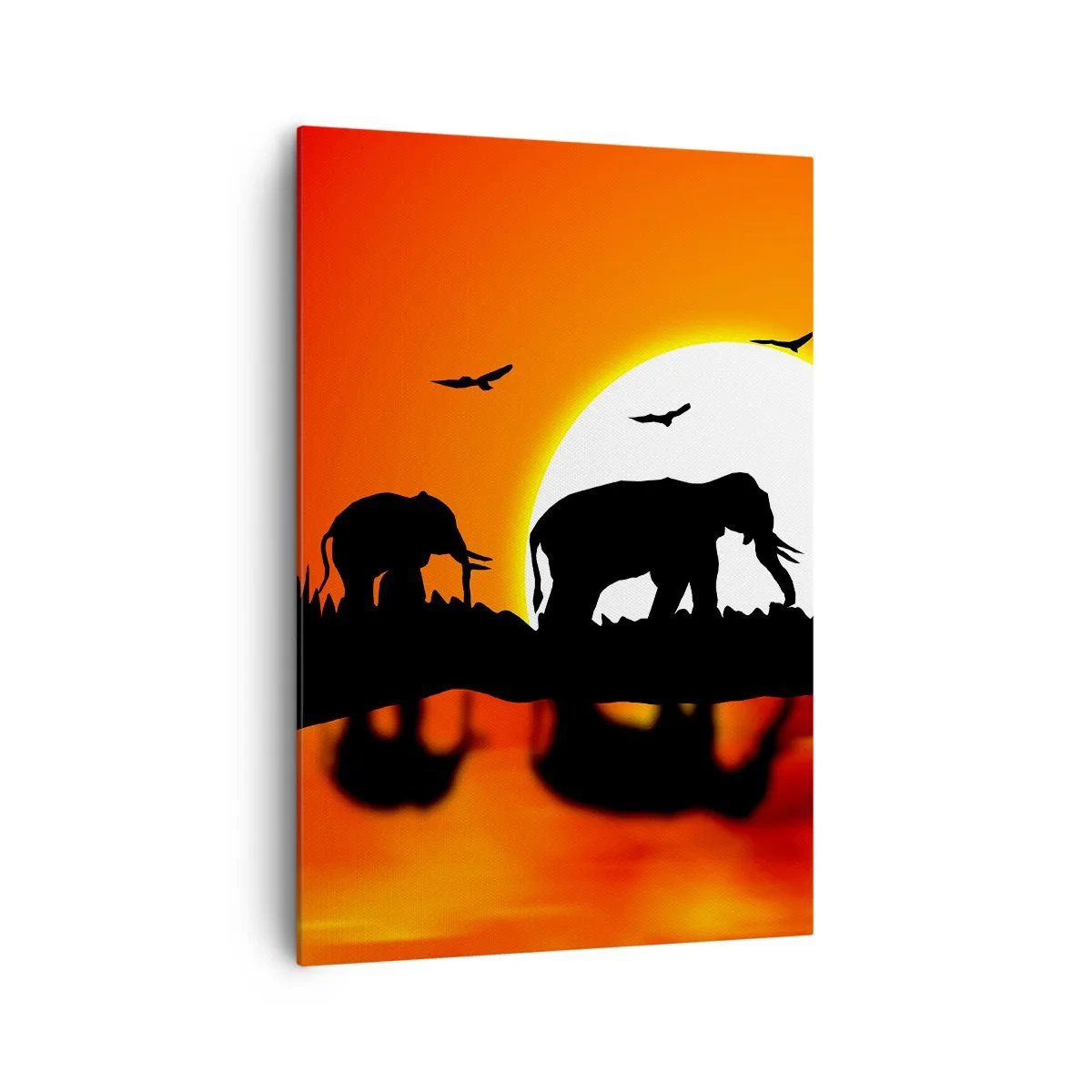 Impression sur toile - Image sur toile - Silhouettes d'éléphants au coucher du soleil sur l'eau avec reflet - 70x100cm - Et le soir pour un petit verre - Décoration murale moderne pour le salon et la chambre ARTTOR