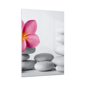 Impression sur verre - Image sur verre - Une fleur rose contre un tas de pierres blanches - 50x70cm - Pierre sur pierre, et sur cette pierre... - Décoration murale moderne pour le salon et la chambre ARTTOR
