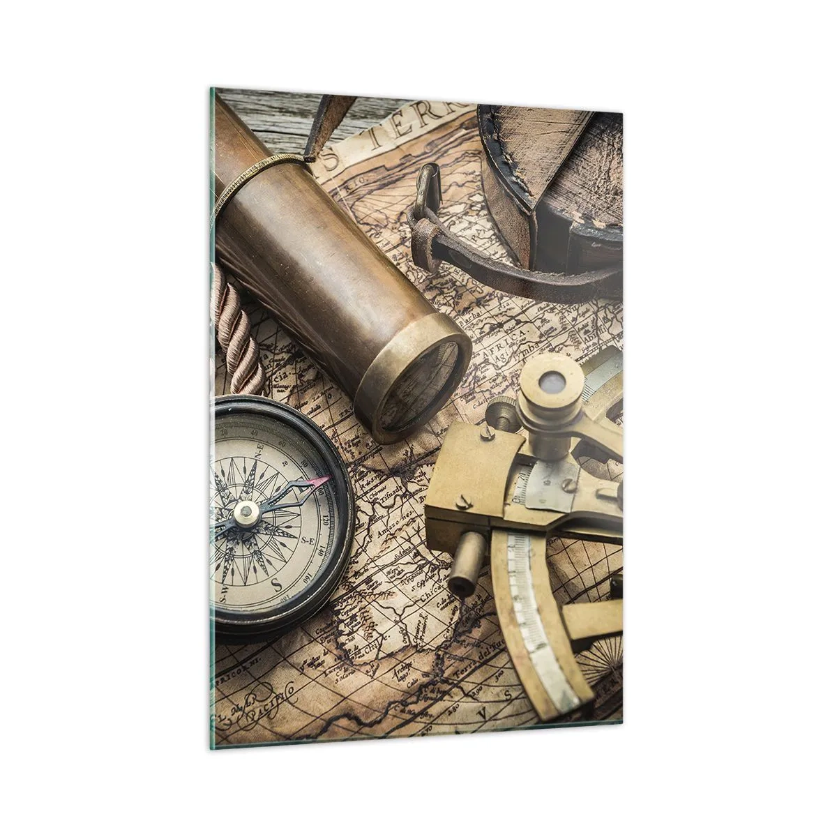 Impression sur verre - Image sur verre - Boussole, carte et aides à la navigation de style rétro - 50x70cm - Fixer un cap - Décoration murale moderne pour le salon et la chambre ARTTOR