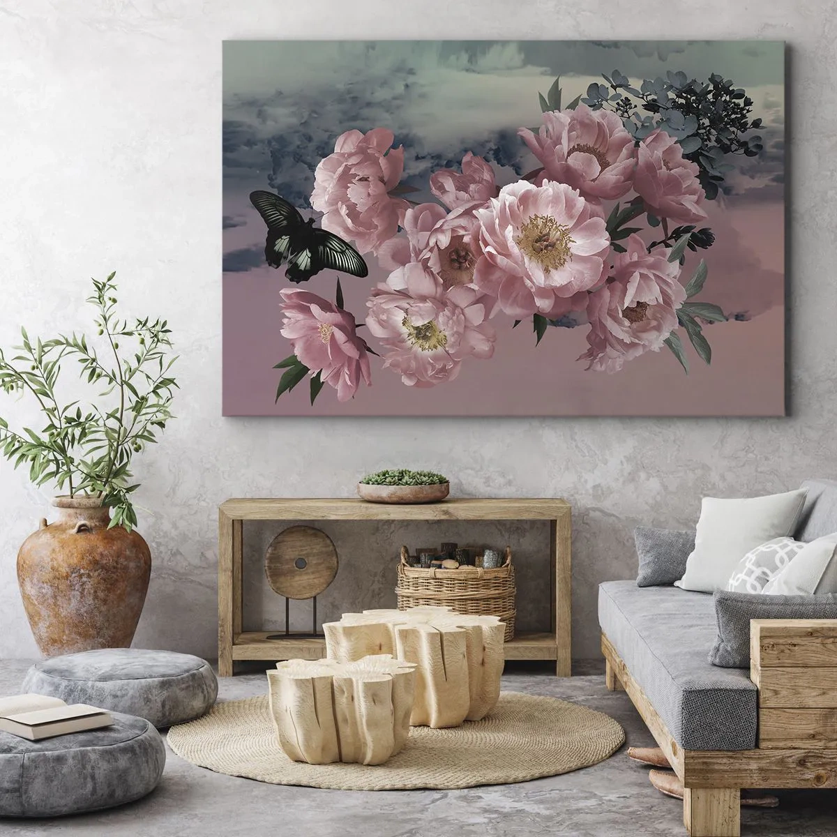 Impression sur toile - Image sur toile - Pivoines roses avec un papillon sur fond pastel - 70x50cm - Pic du romantisme - Décoration murale moderne pour le salon et la chambre ARTTOR