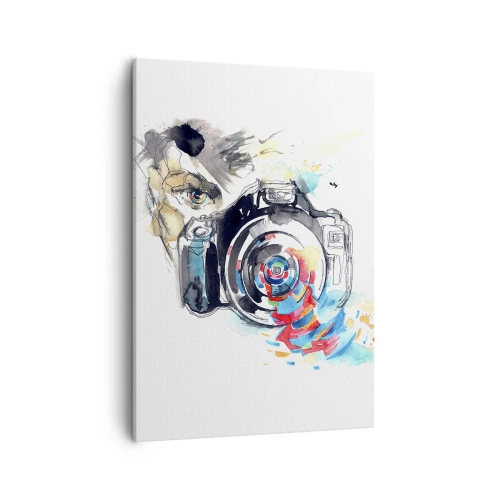 Impression sur toile - Image sur toile - Appareil photo aquarelle avec des détails colorés - 50x70cm - Dans l'oeil de l'objectif - Décoration murale moderne pour le salon et la chambre ARTTOR