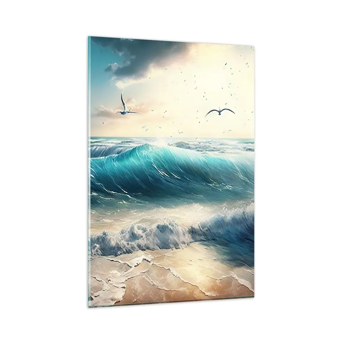 Impression sur verre - Image sur verre - Vagues de la mer sur la plage sous un ciel bleu avec des mouettes - 80x120cm - Ça bourdonne seulement pour toi - Décoration murale moderne pour le salon et la chambre ARTTOR