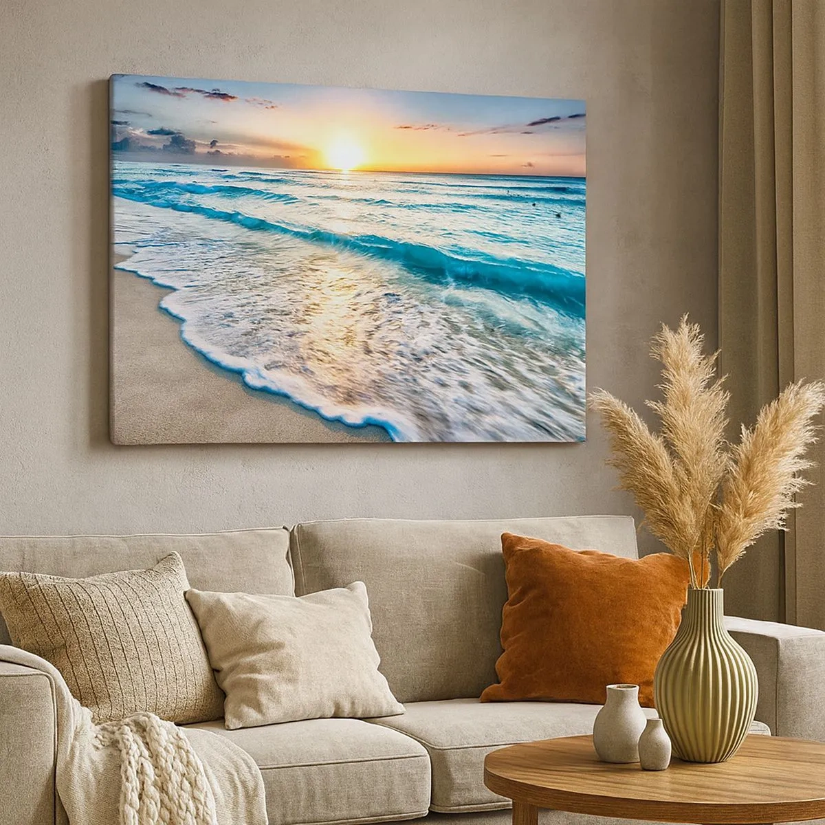 Impression sur toile - Image sur toile - Lever de soleil sur une plage tranquille avec des vagues - 70x50cm - Une vue qui en vaut la peine - Décoration murale moderne pour le salon et la chambre ARTTOR