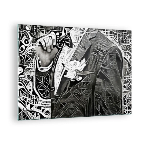 Impression sur verre - Image sur verre - Abstraction en noir et blanc avec des motifs géométriques - 70x50cm - Seulement en apparence un homme froid - Décoration murale moderne pour le salon et la chambre ARTTOR