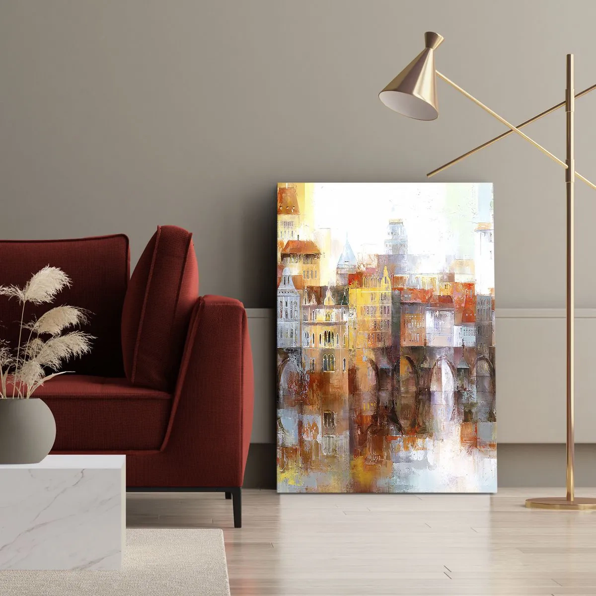 Impression sur toile - Image sur toile - Un panorama pittoresque de la ville avec un pont aux couleurs d'automne - 80x120cm - C'est aussi beau sous le pont - Décoration murale moderne pour le salon et la chambre ARTTOR