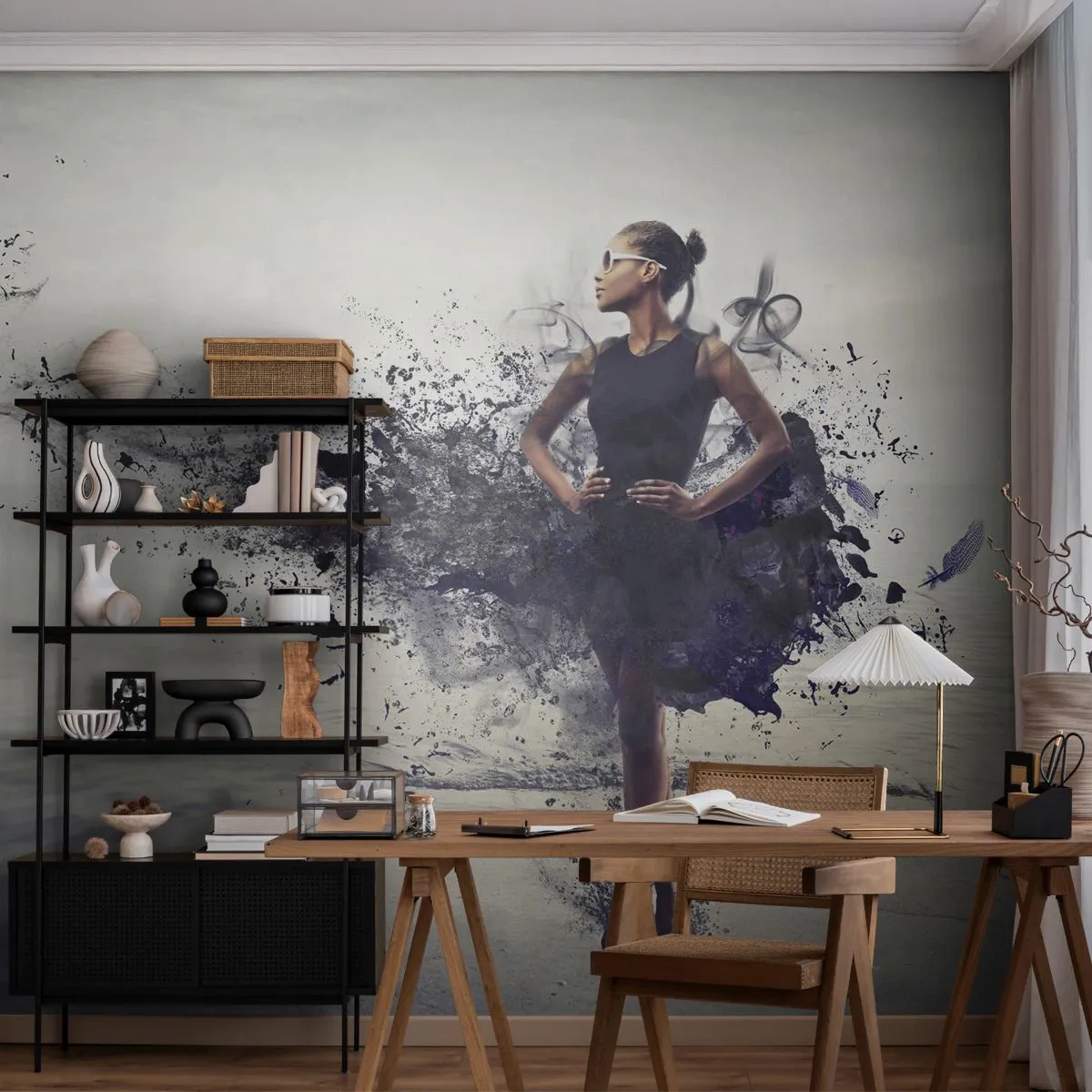 Papier Peint Photo Premium Sand - Une femme élégante dans une robe qui se dissout dans l'abstraction. - 100x70cm - Vénus africaine - Décoration murale moderne pour le salon et la chambre ARTTOR