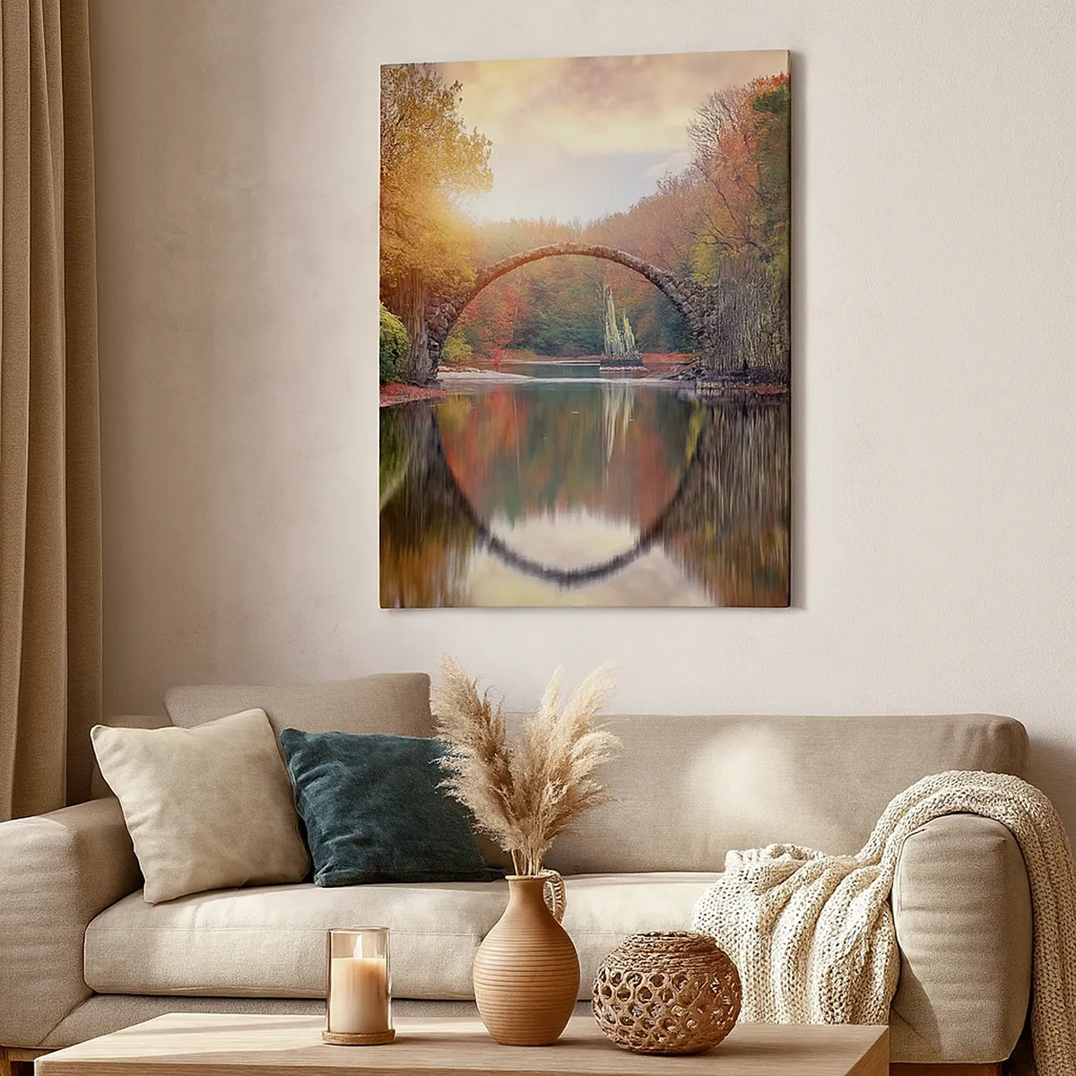 Impression sur toile - Image sur toile - Un pont de pierre dans un paysage d'automne sur une eau calme - 50x70cm - De l'autre cote du miroir - Décoration murale moderne pour le salon et la chambre ARTTOR