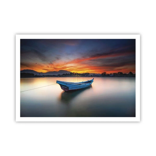 Affiche - Poster - Un bateau sur l'eau pendant un coucher de soleil pittoresque - 100x70cm - Une bonne nuit arrive - Décoration murale moderne pour le salon et la chambre ARTTOR