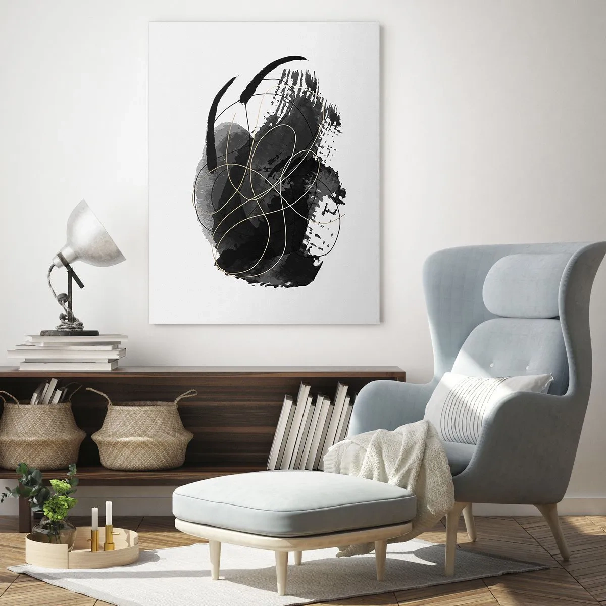 Impression sur verre - Image sur verre - Abstraction en noir et or sur fond blanc - 80x120cm - Fait de noir - Décoration murale moderne pour le salon et la chambre ARTTOR