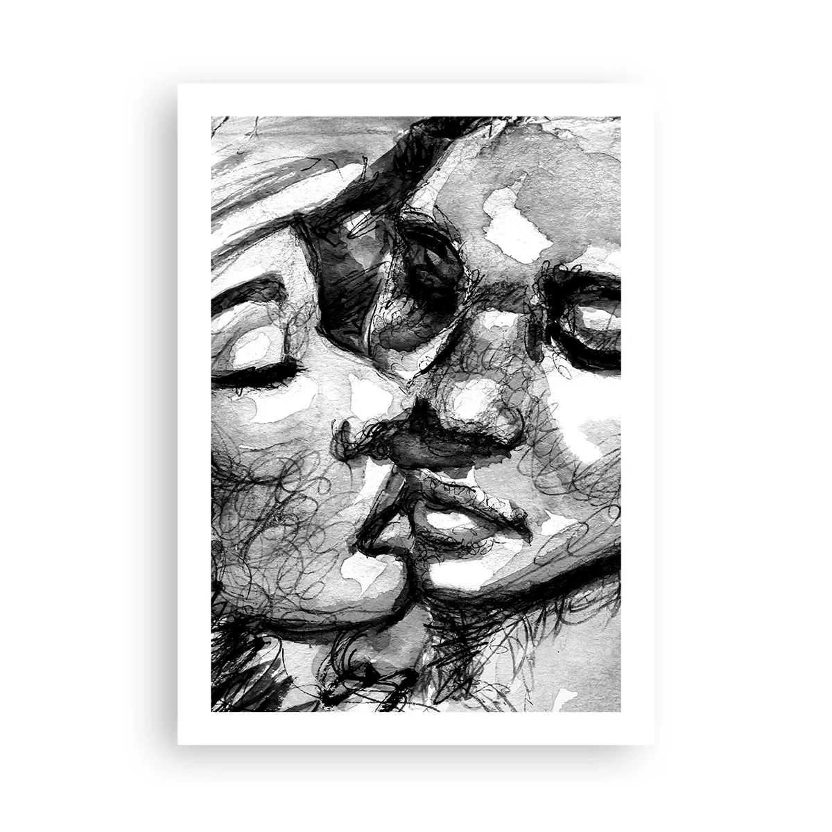 Affiche - Poster - Portrait abstrait en noir et blanc d'un baiser - 50x70cm - Un moment tendre - Décoration murale moderne pour le salon et la chambre ARTTOR