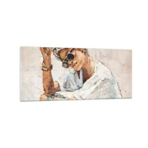 Impression sur verre - Image sur verre - Portrait d'une femme portant des lunettes de soleil contre un mur clair - 120x50cm - Portrait en plein soleil - Décoration murale moderne pour le salon et la chambre ARTTOR