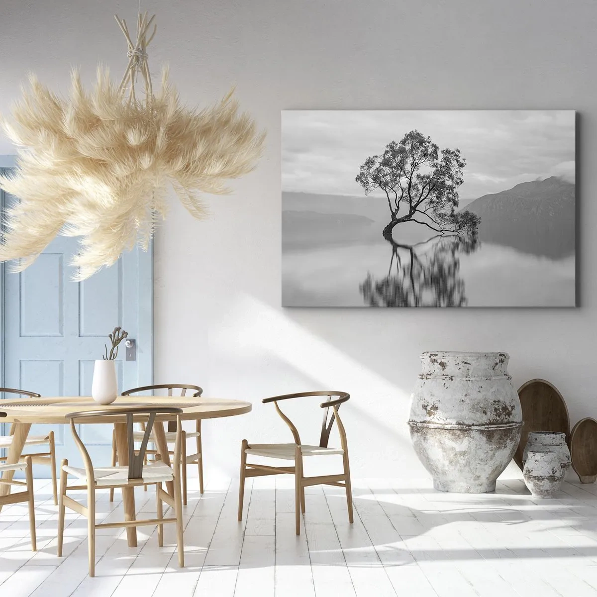 Impression sur toile - Image sur toile - Un arbre solitaire se reflétant dans l'eau avec des montagnes en arrière-plan - 70x50cm - Un tel pays existe - Décoration murale moderne pour le salon et la chambre ARTTOR