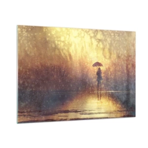 Impression sur verre - Image sur verre - Une silhouette avec un parapluie à la lumière du soleil couchant et de la pluie - 100x70cm - Je sens que quelqu'un me regarde - Décoration murale moderne pour le salon et la chambre ARTTOR