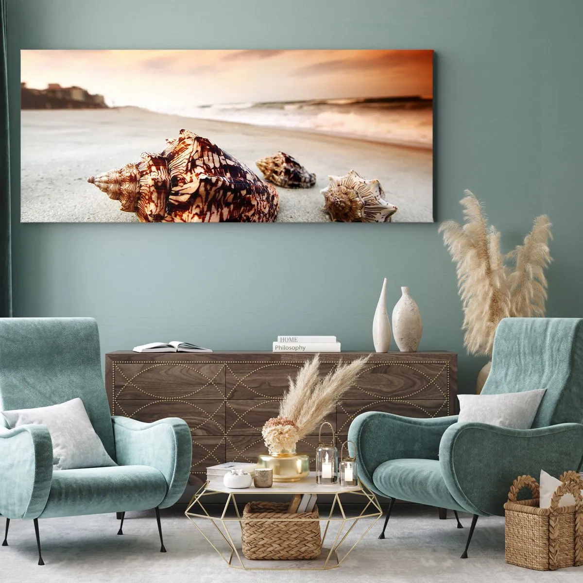 Impression sur toile - Image sur toile - Coquillages sur la plage au coucher du soleil - 160x50cm - Les parias des vagues - Décoration murale moderne pour le salon et la chambre ARTTOR