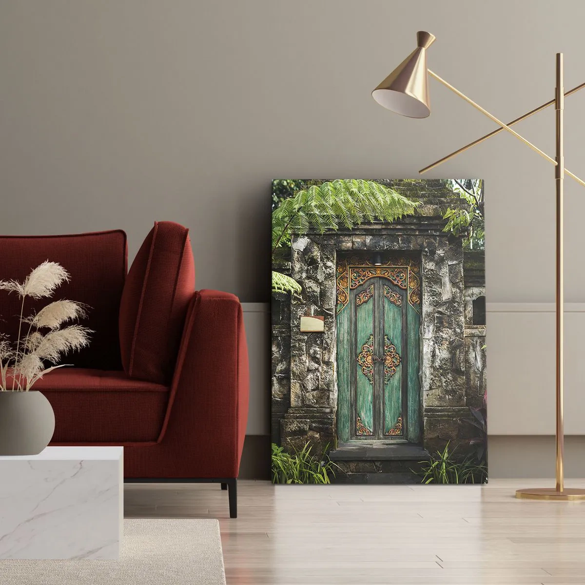 Impression sur toile - Image sur toile - Portes décoratives entourées de végétation tropicale - 50x70cm - Porte vers un monde exotique - Décoration murale moderne pour le salon et la chambre ARTTOR