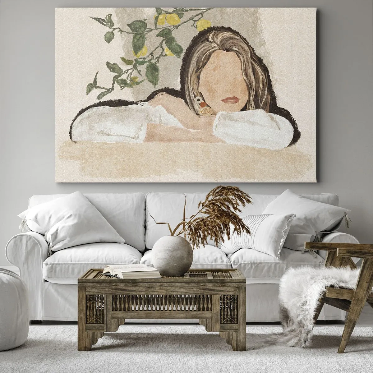 Impression sur toile - Image sur toile - La figure d'une femme sur fond de citronnier - 120x80cm - La beauté du sud - Décoration murale moderne pour le salon et la chambre ARTTOR