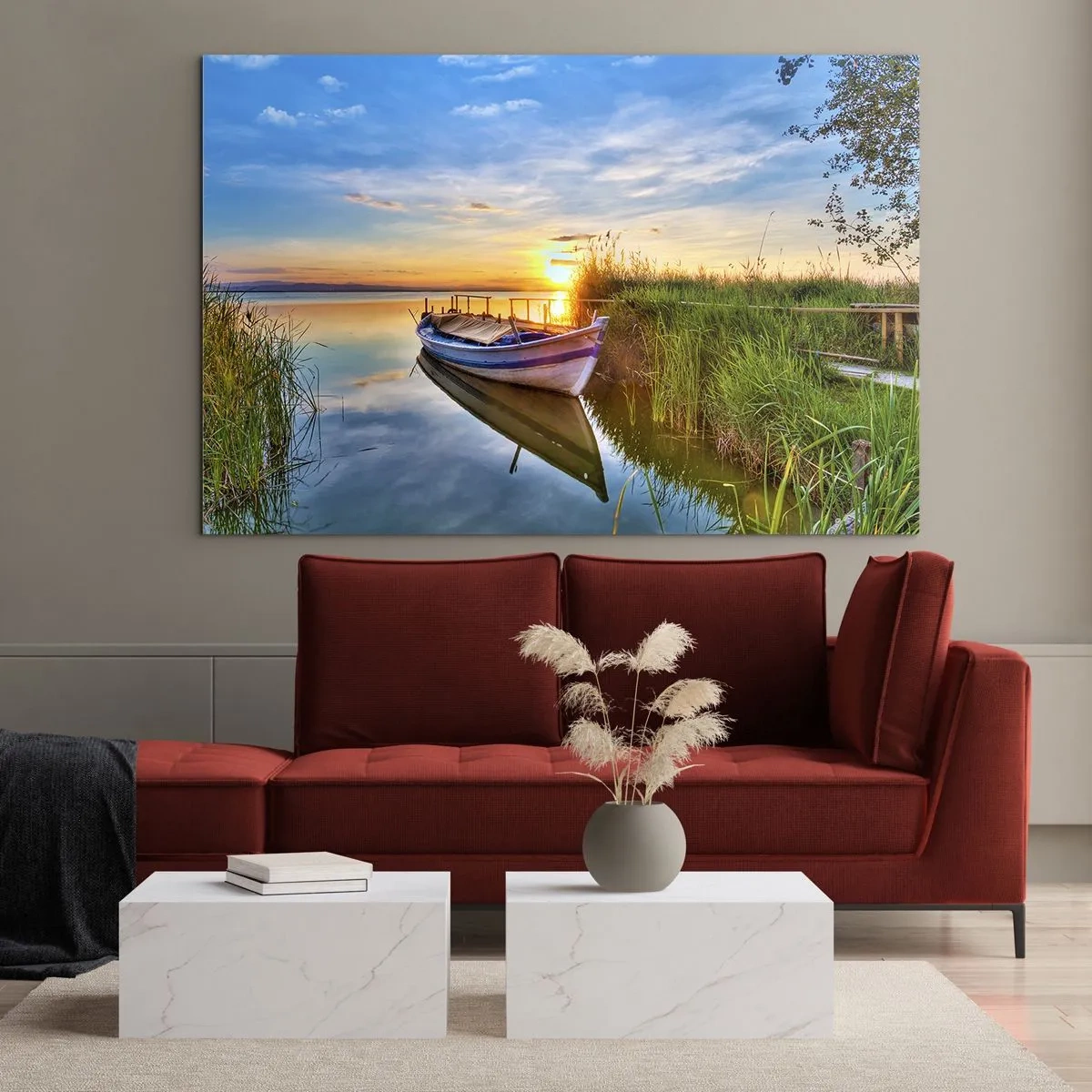 Impression sur verre - Image sur verre - Un bateau amarré au bord d'un lac au coucher du soleil - 120x80cm - La crique où les rêves deviennent réalité - Décoration murale moderne pour le salon et la chambre ARTTOR